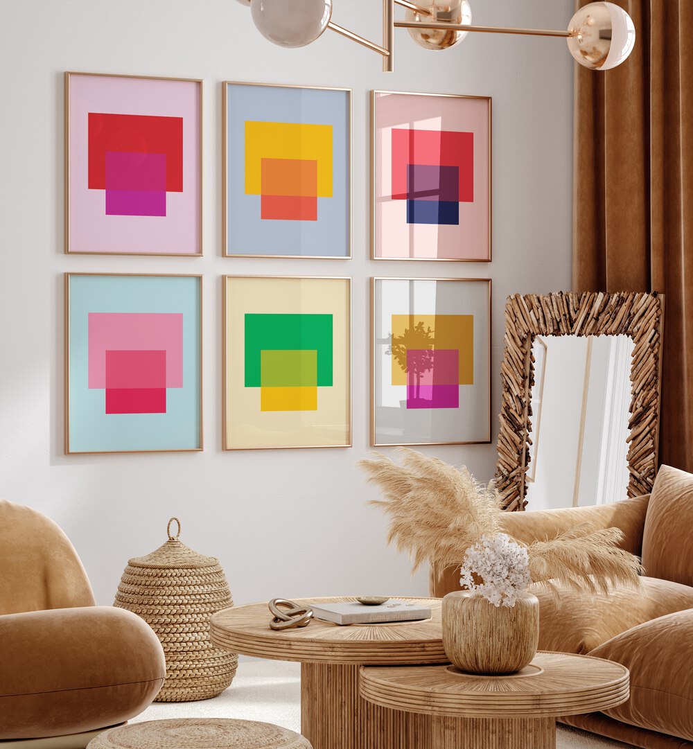 colorful abstract blocks abstract gallery wall  set of 6  placed on a wall