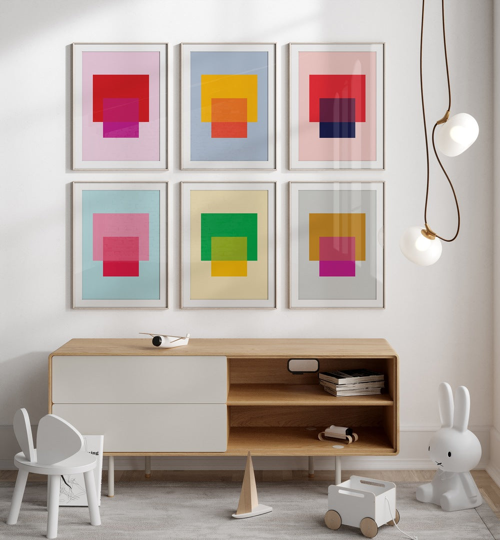 colorful abstract blocks abstract gallery wall  set of 6  placed on a wall
