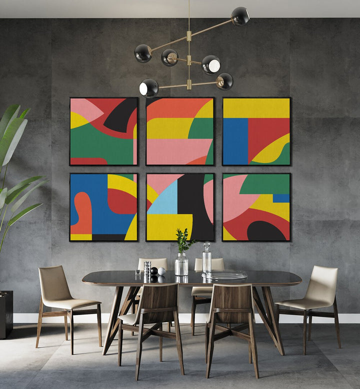 colourful abstract set set of 6  placed on a wall