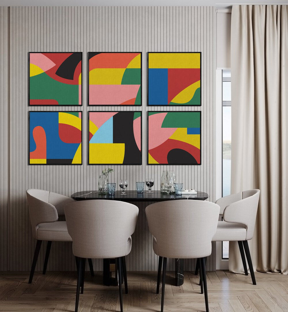 colourful abstract set set of 6  placed on a wall