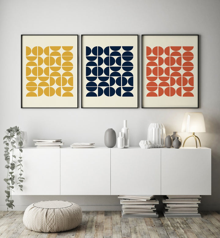 colourful geometric patterns i set of 3  placed on a wall