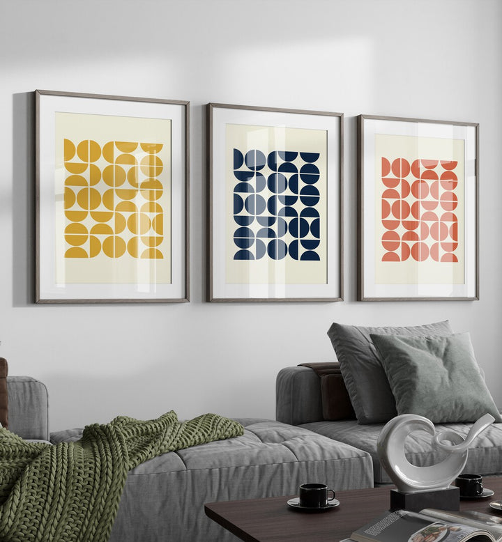 colourful geometric patterns i set of 3  placed on a wall