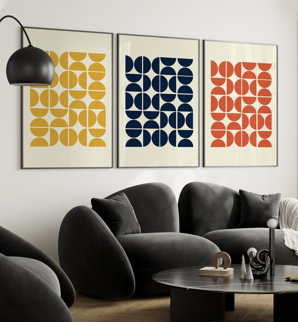 colourful geometric patterns i set of 3  placed on a wall