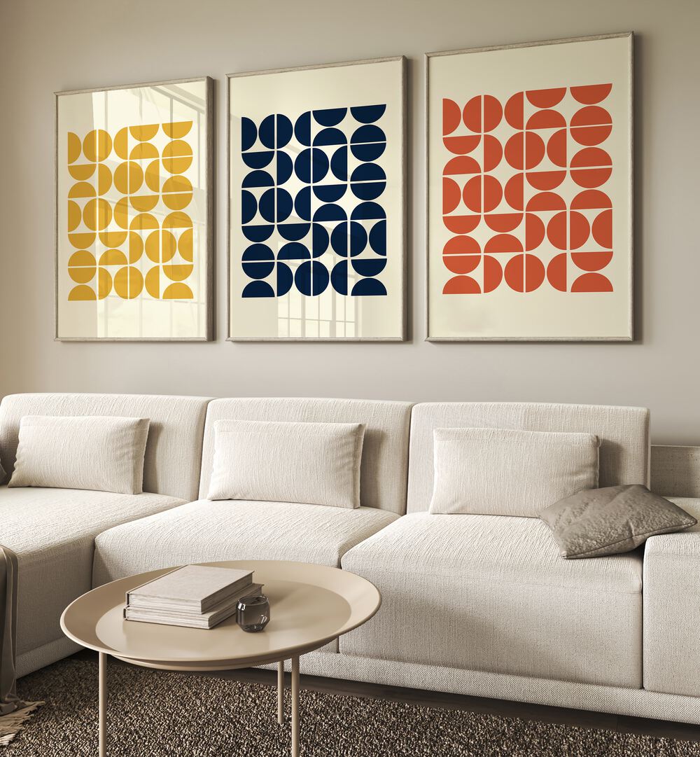 colourful geometric patterns i set of 3  placed on a wall