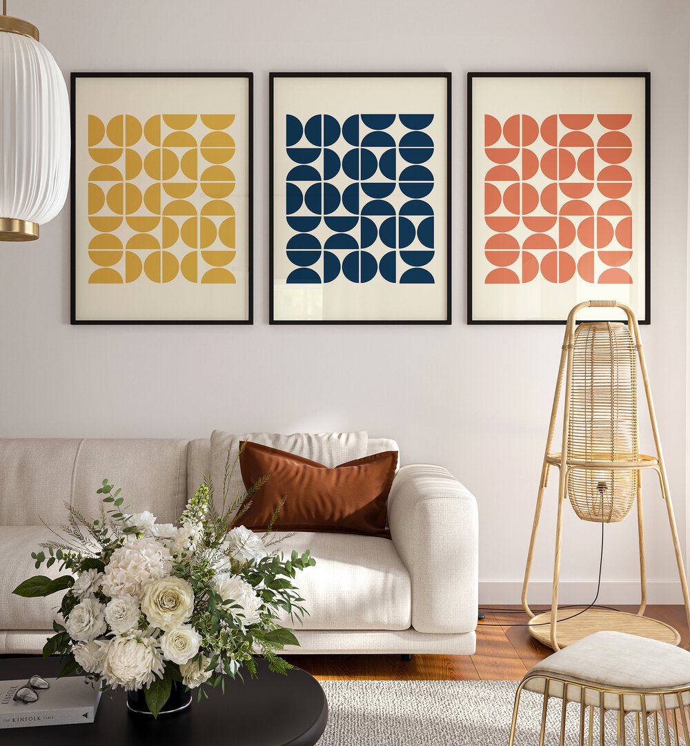 colourful geometric patterns i set of 3  placed on a wall