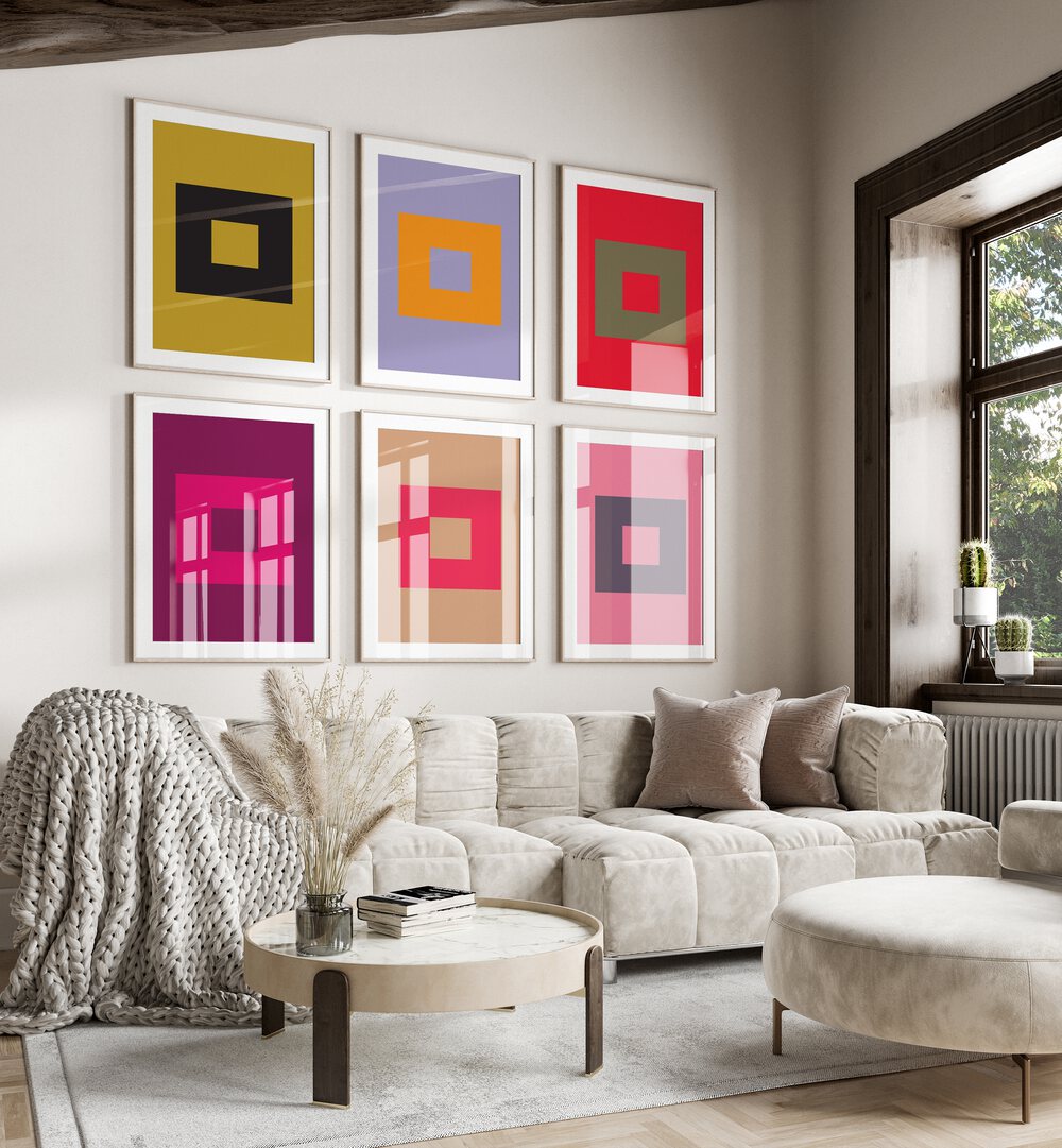 colourful geometrical abstract gallery wall set of 6  placed on a wall