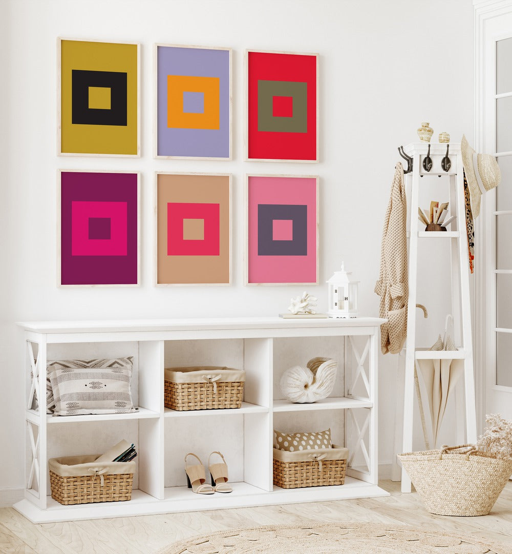 colourful geometrical abstract gallery wall set of 6  placed on a wall