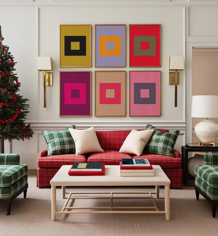 colourful geometrical abstract gallery wall set of 6  placed on a wall