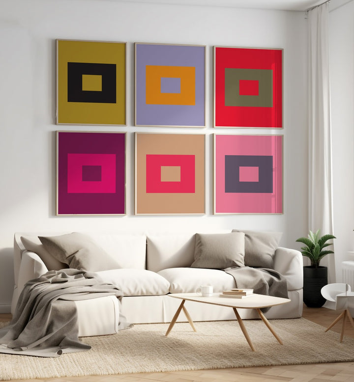 colourful geometrical abstract gallery wall set of 6  placed on a wall