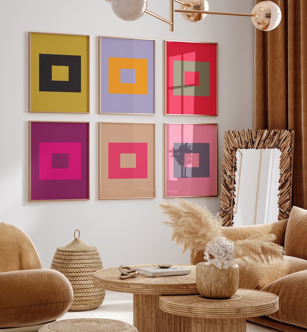 colourful geometrical abstract gallery wall set of 6  placed on a wall