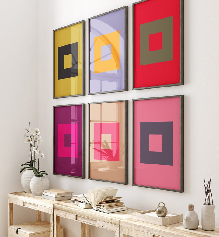 colourful geometrical abstract gallery wall set of 6  placed on a wall