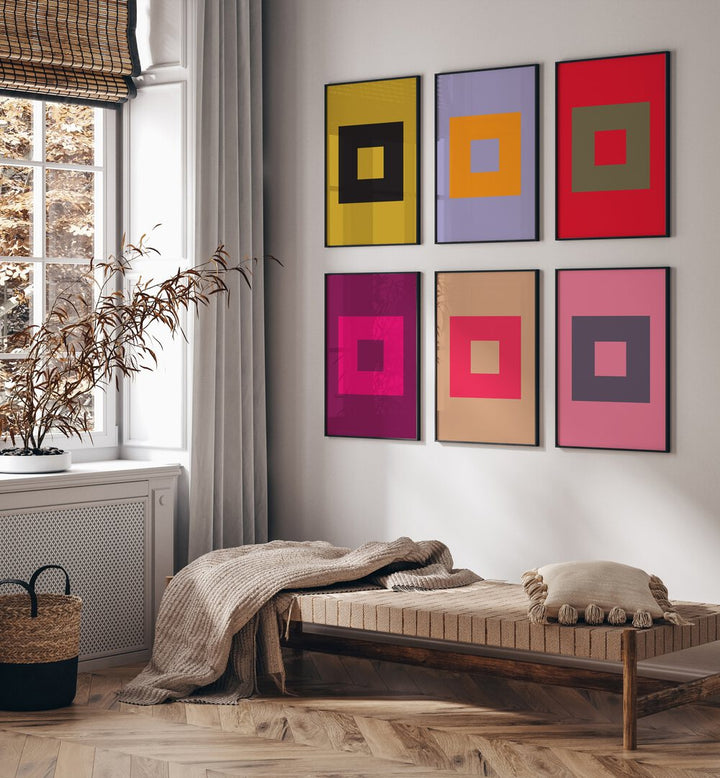 colourful geometrical abstract gallery wall set of 6  placed on a wall