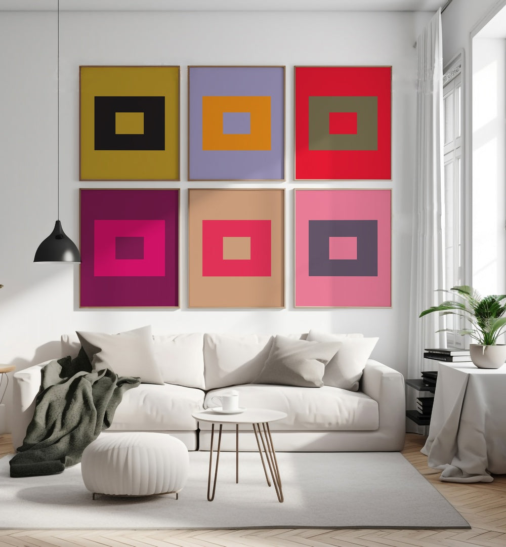 colourful geometrical abstract gallery wall set of 6  placed on a wall