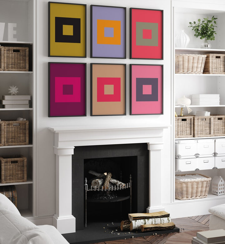 colourful geometrical abstract gallery wall set of 6  placed on a wall