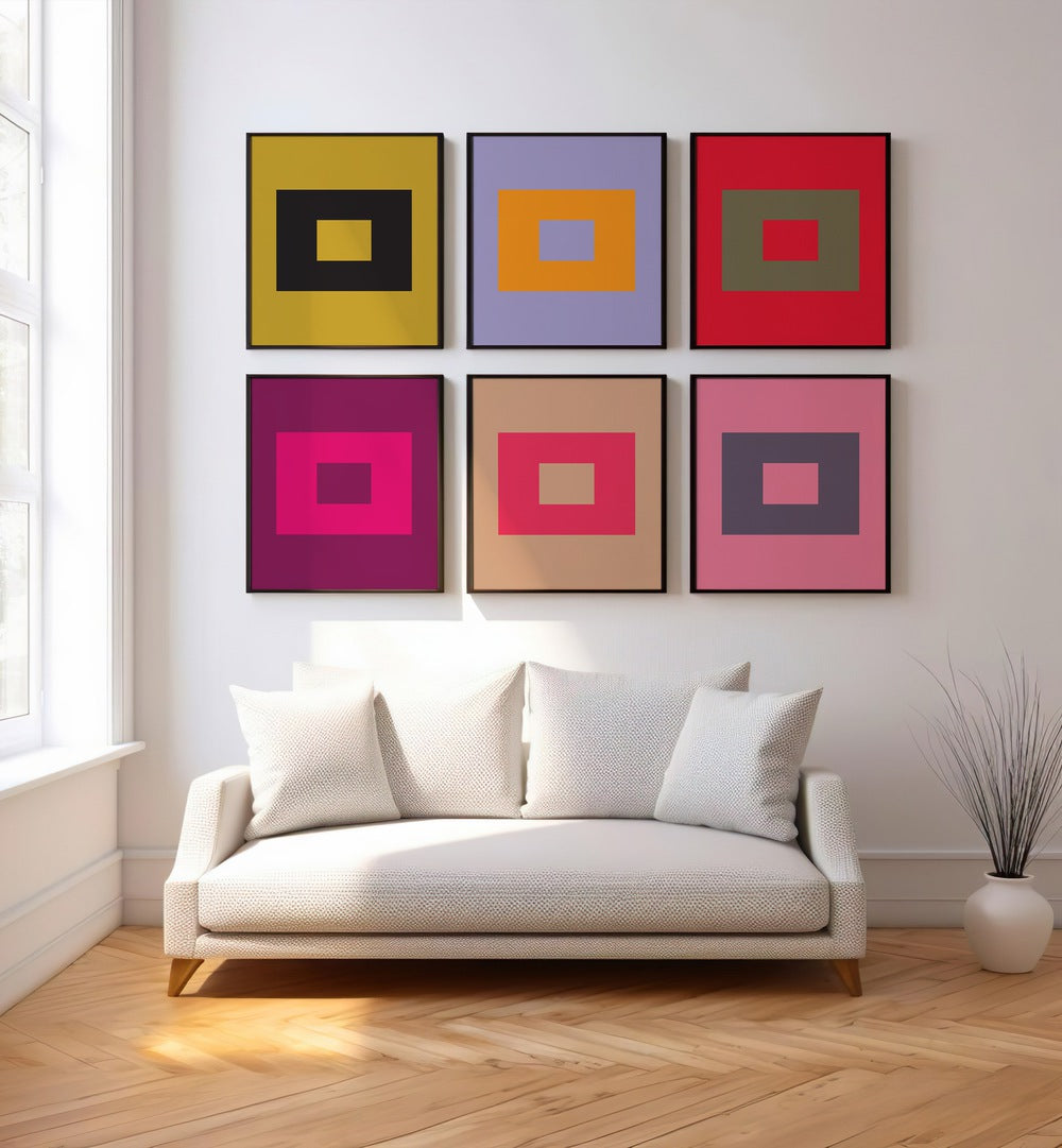 colourful geometrical abstract gallery wall set of 6  placed on a wall