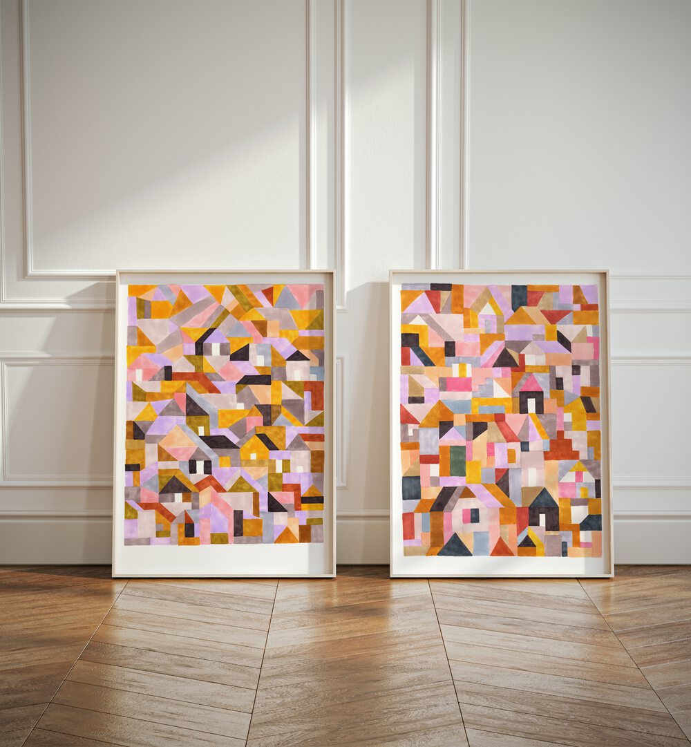 colourful retro geo abstract set of 2 Artwork II placed on a wall