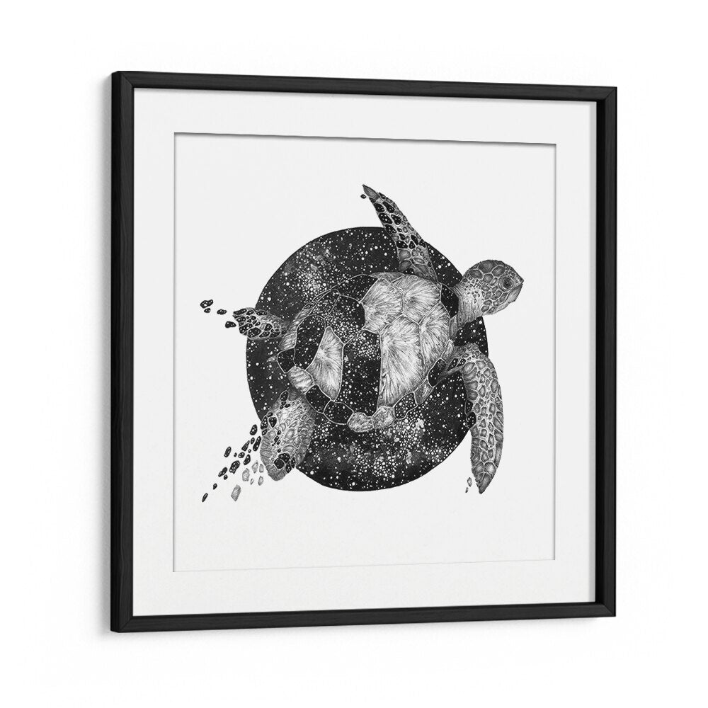 cosmic sea turtle square Vintage paintings in Black Frame With Mount