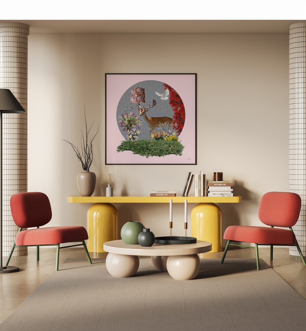 deer in the lounge by sue skellern wildlife posters wildlife paintings Artwork I placed on a wall