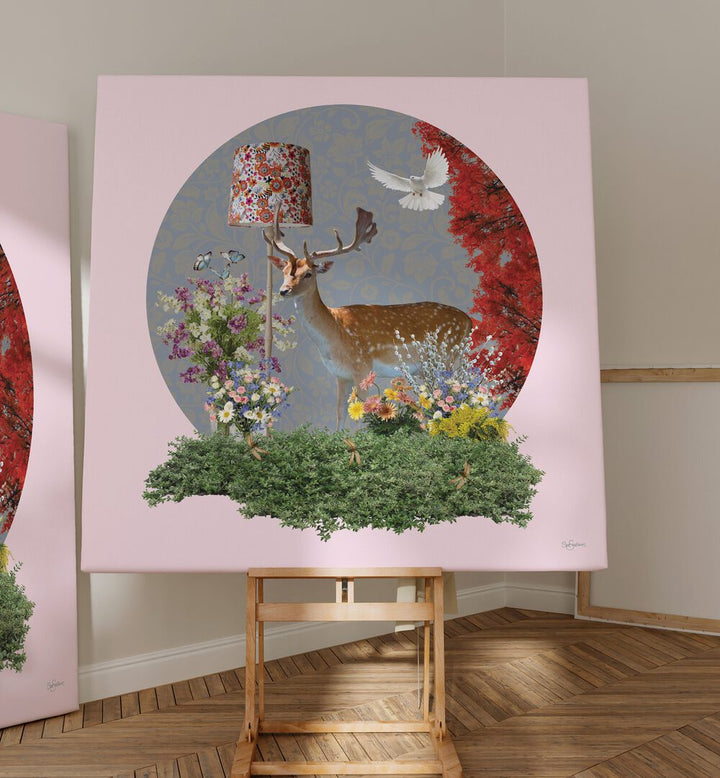 deer in the lounge by sue skellern wildlife posters wildlife paintings Artwork II placed on a wall