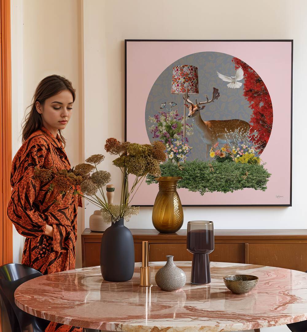 deer in the lounge by sue skellern wildlife posters wildlife paintings Artwork V placed on a wall