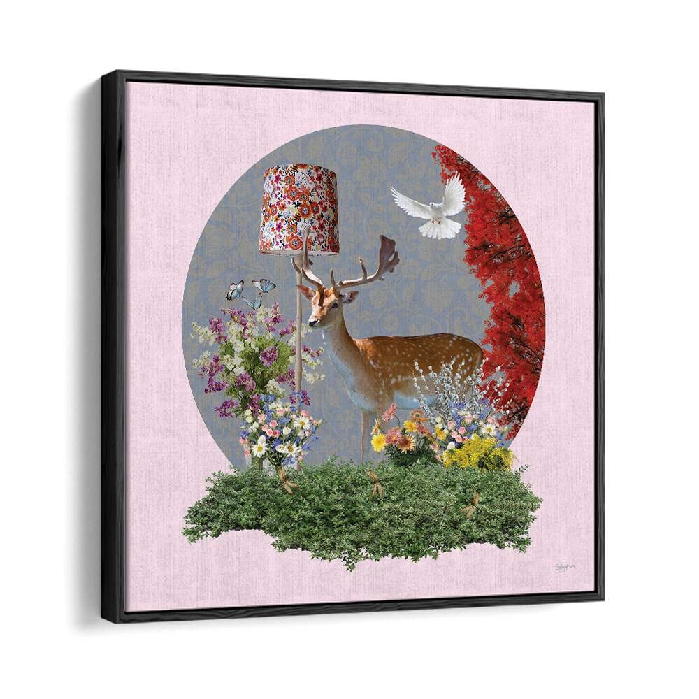 deer in the lounge by sue skellern wildlife posters wildlife paintings in Black Floater Frame