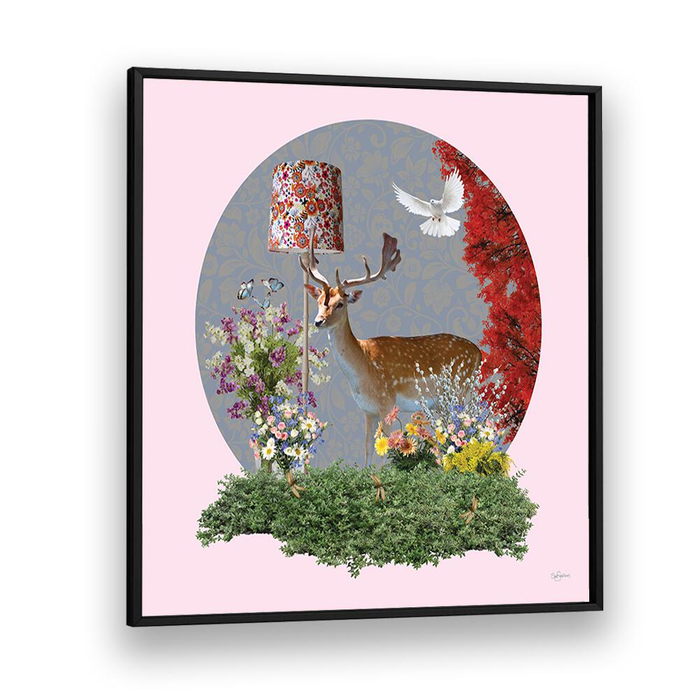 deer in the lounge by sue skellern wildlife posters wildlife paintings in Black Plain Frame