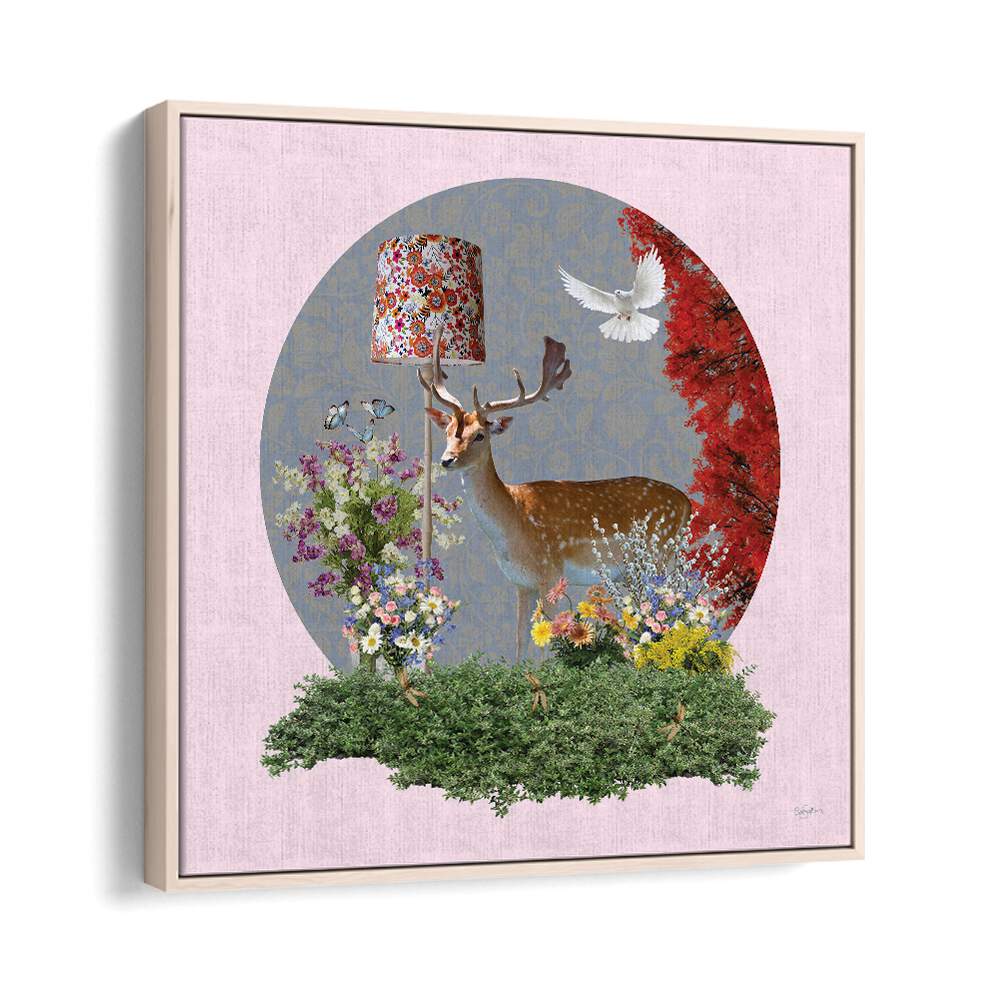 deer in the lounge by sue skellern wildlife posters wildlife paintings in Oak Wood Floater Frame