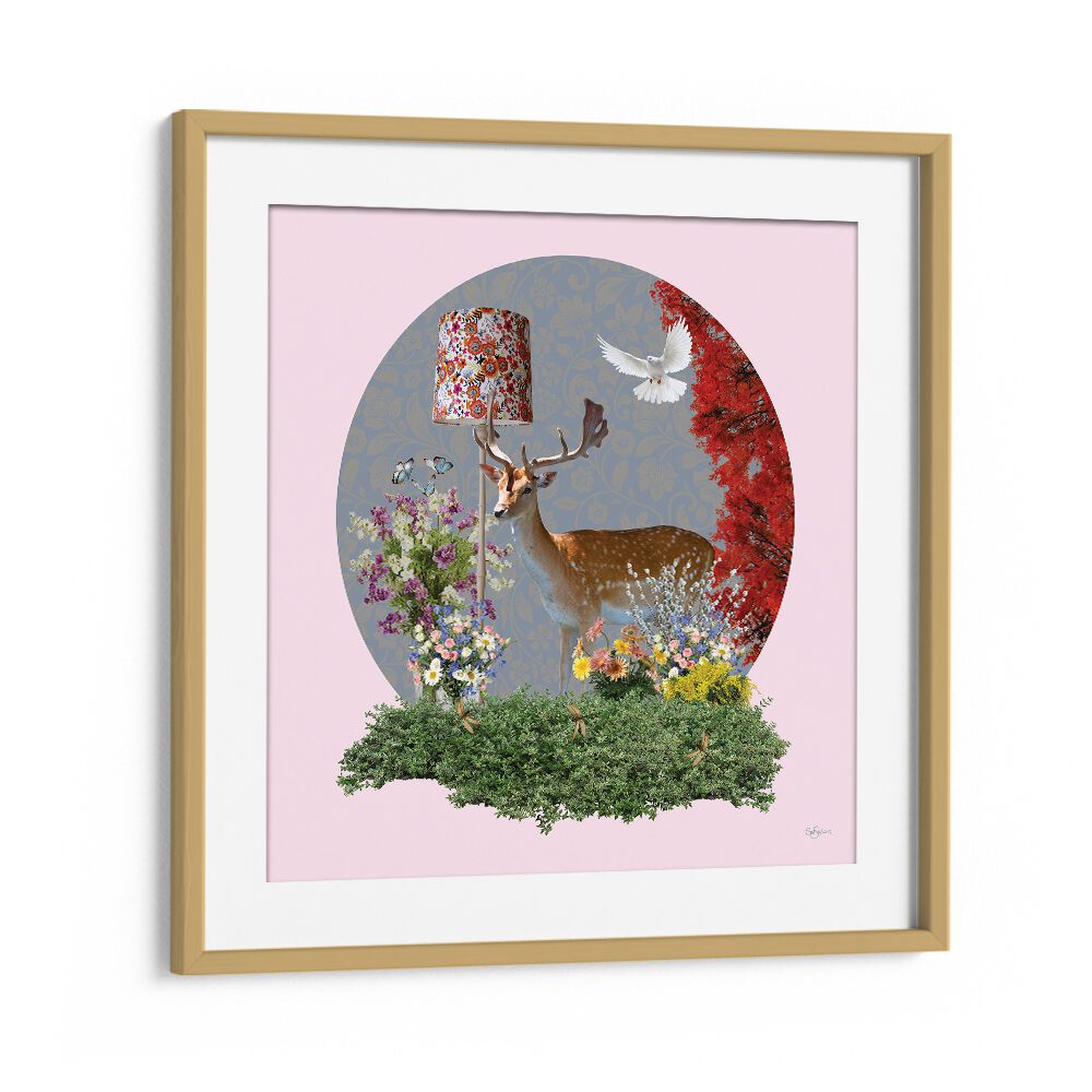 deer in the lounge by sue skellern wildlife posters wildlife paintings in Oak Wood Frame With Mount