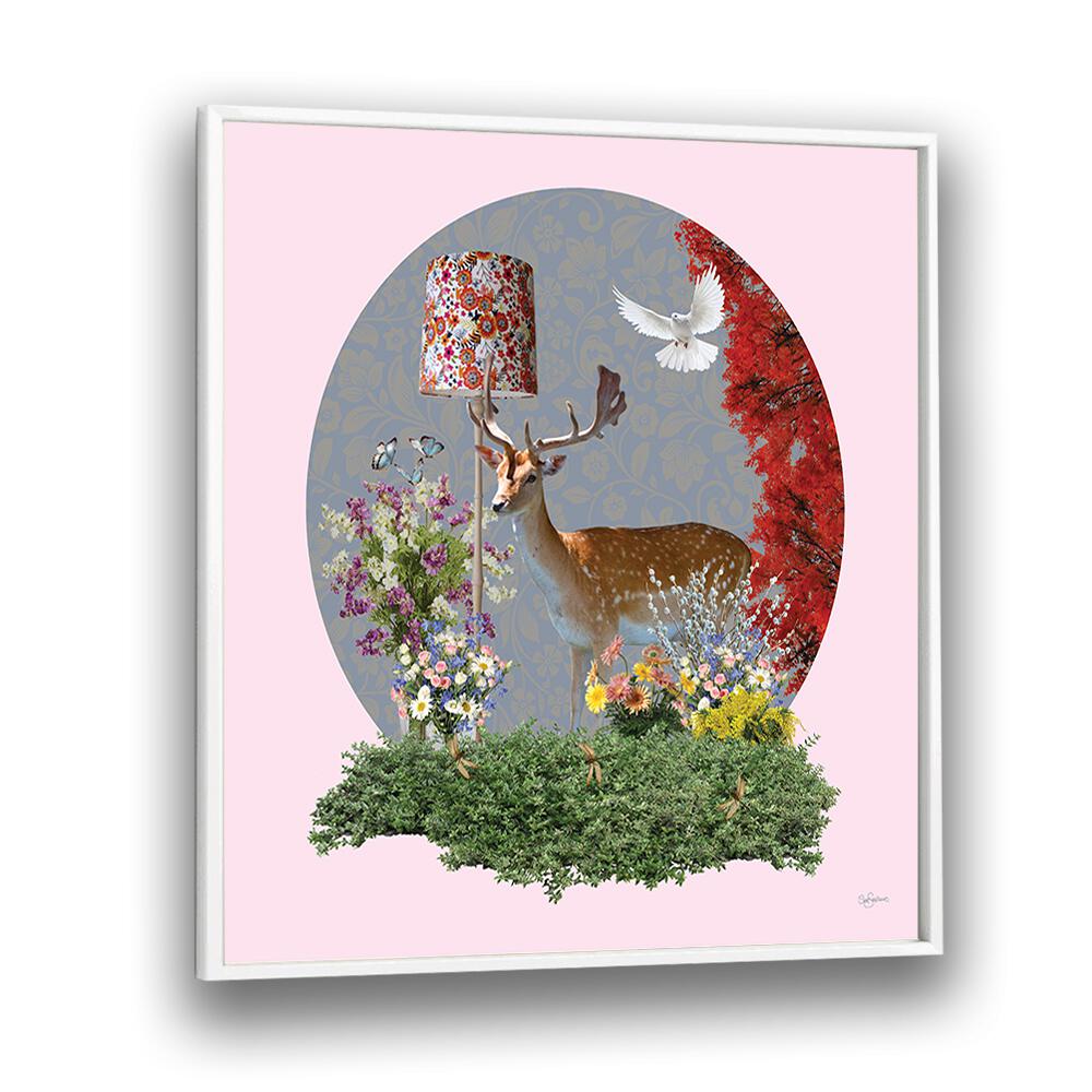 deer in the lounge by sue skellern wildlife posters wildlife paintings in White Plain Frame