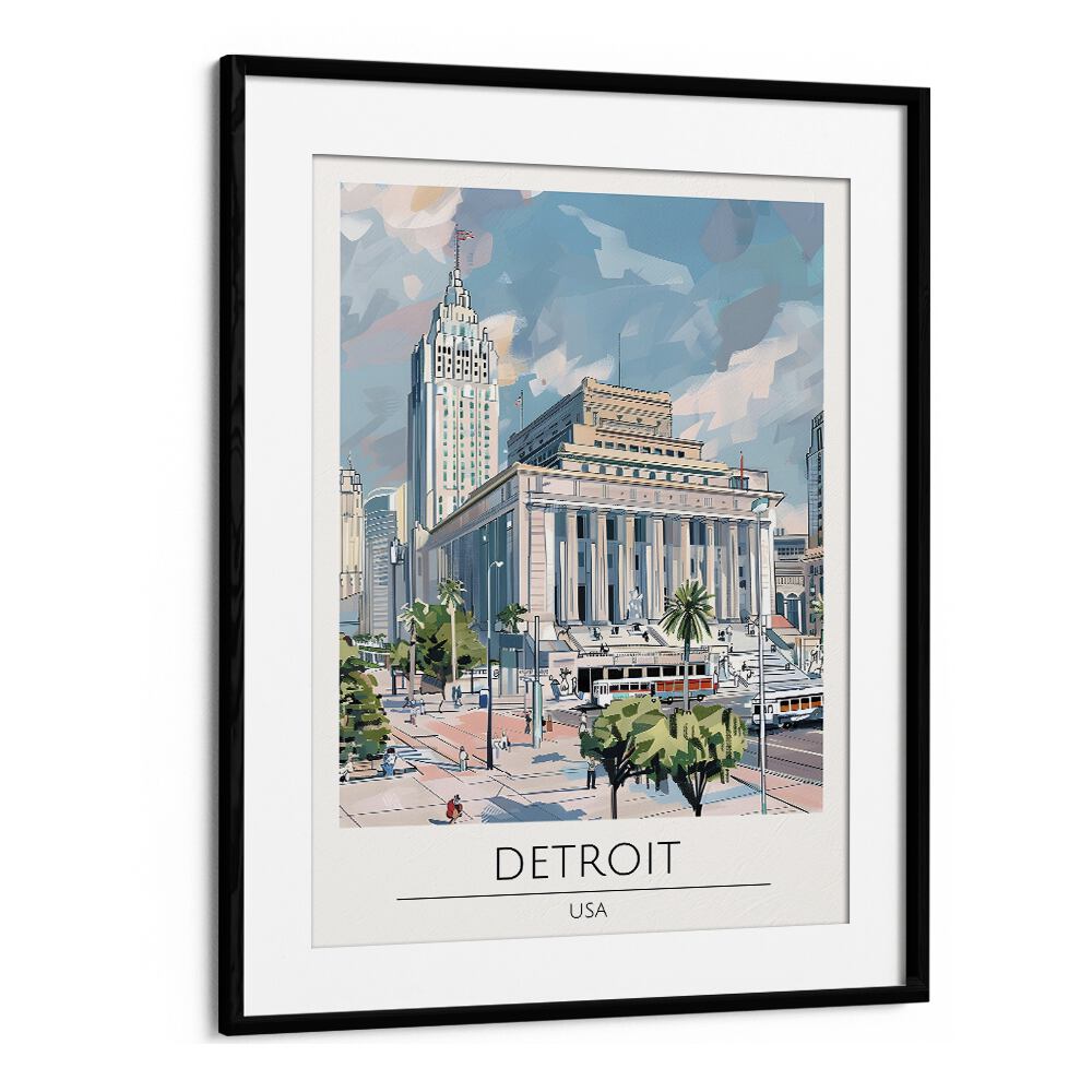 detroit-usa travel posters in Black Frame With Mount