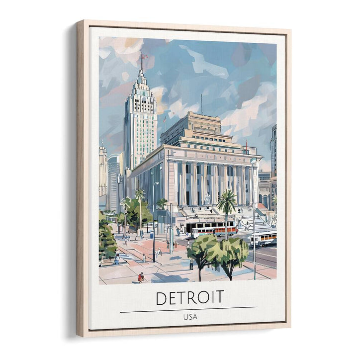 detroit-usa travel posters in Oak Wood Floater Frame