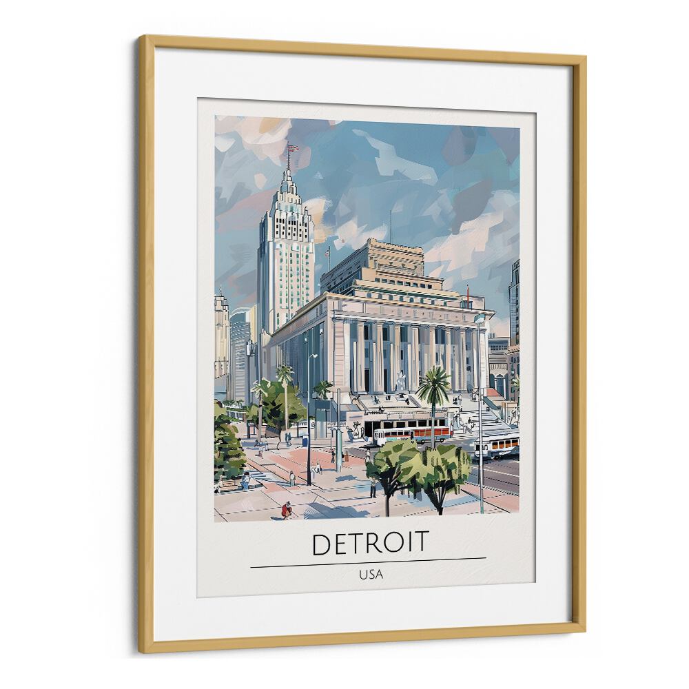 detroit-usa travel posters in Oak Wood Frame With Mount