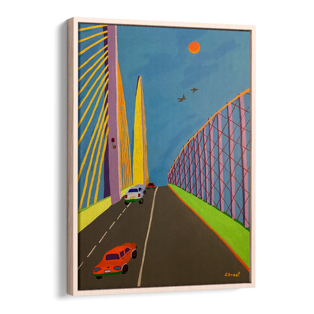 driving over the bridge landscape art prints in Oak Wood Floater Frame