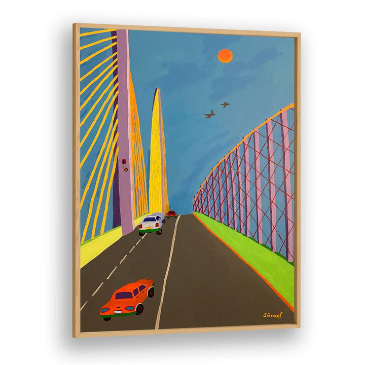 driving over the bridge landscape art prints in Oak Wood Plain Frame