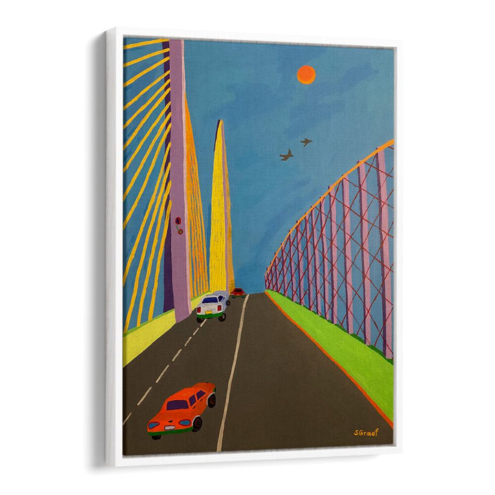 driving over the bridge landscape art prints in White Floater Frame