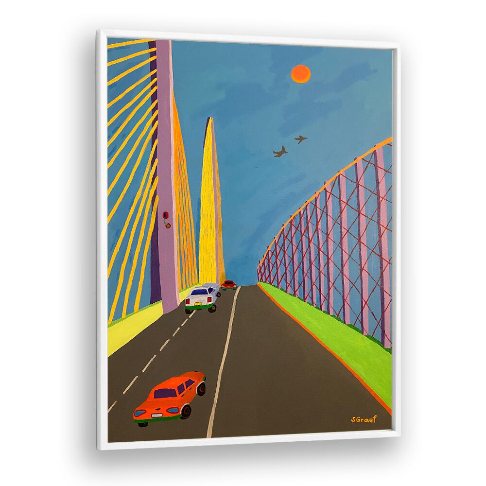 driving over the bridge landscape art prints in White Plain Frame