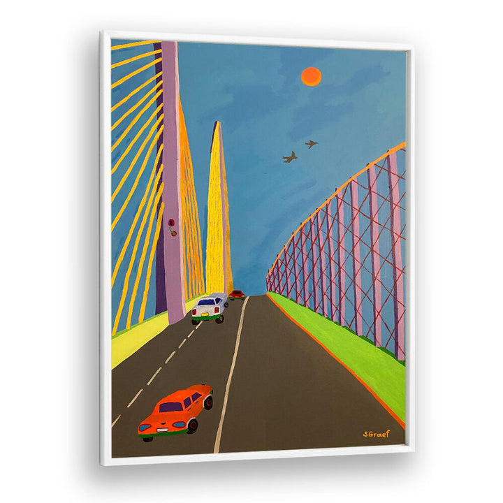 driving over the bridge landscape art prints in White Plain Frame