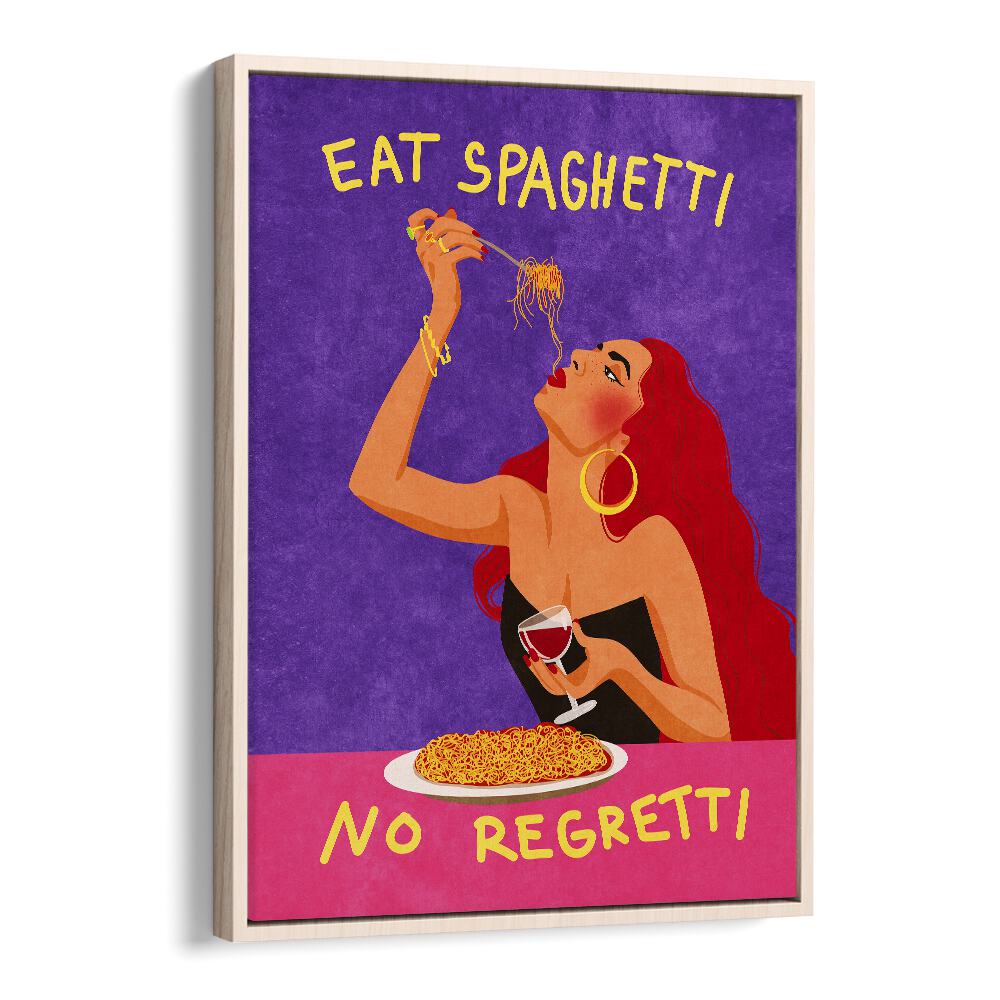 eat spaghetti no regretti by raissa oltmanns kitchen posters in Oak Wood Floater Frame