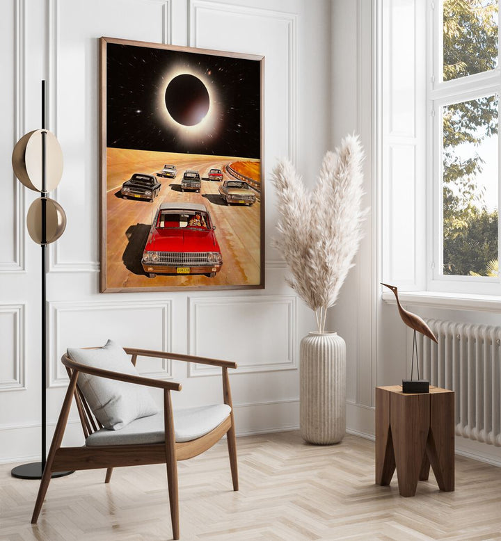 eclipsed car poster Artwork I placed on a White Colored Wall