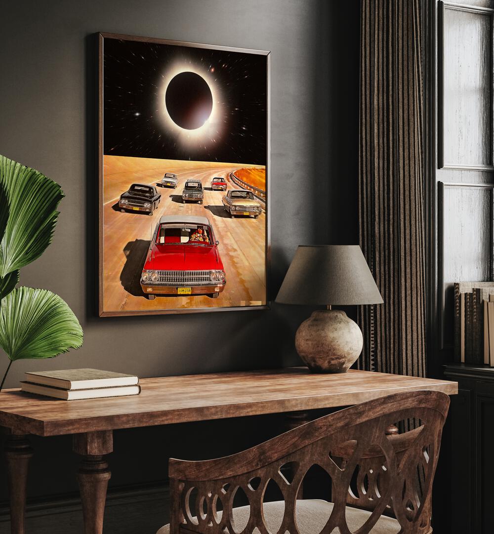 eclipsed car poster Artwork II above a Console Table