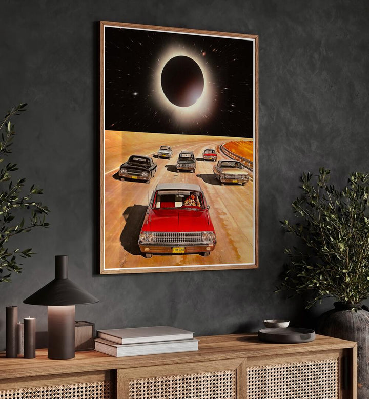 eclipsed car poster Artwork IV above a Console Table