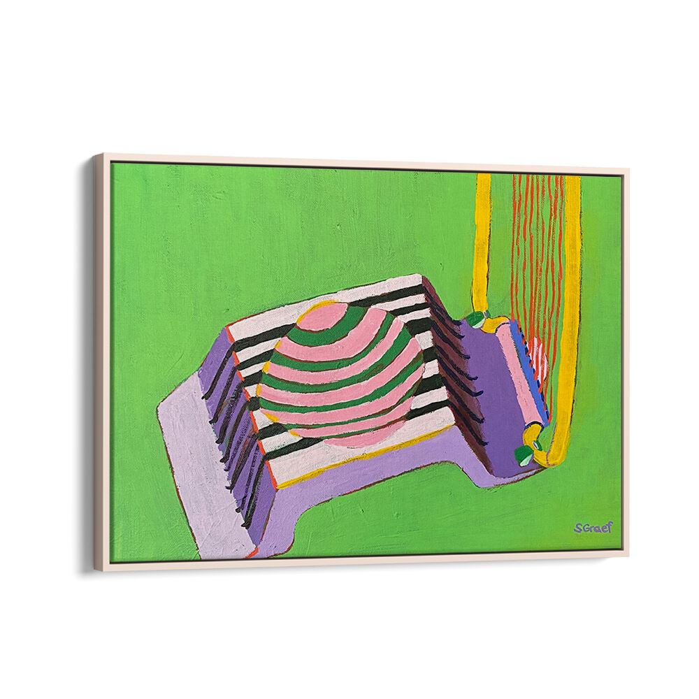 egg slicer on green landscape art prints in Oak Wood Floater Frame
