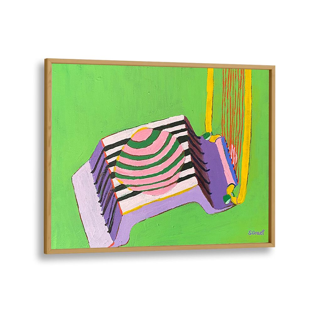 egg slicer on green landscape art prints in Oak Wood Plain Frame