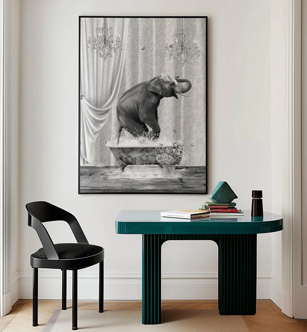 elephant a bubbles black and white by sue skellern wall art prints Artwork I placed on a wall