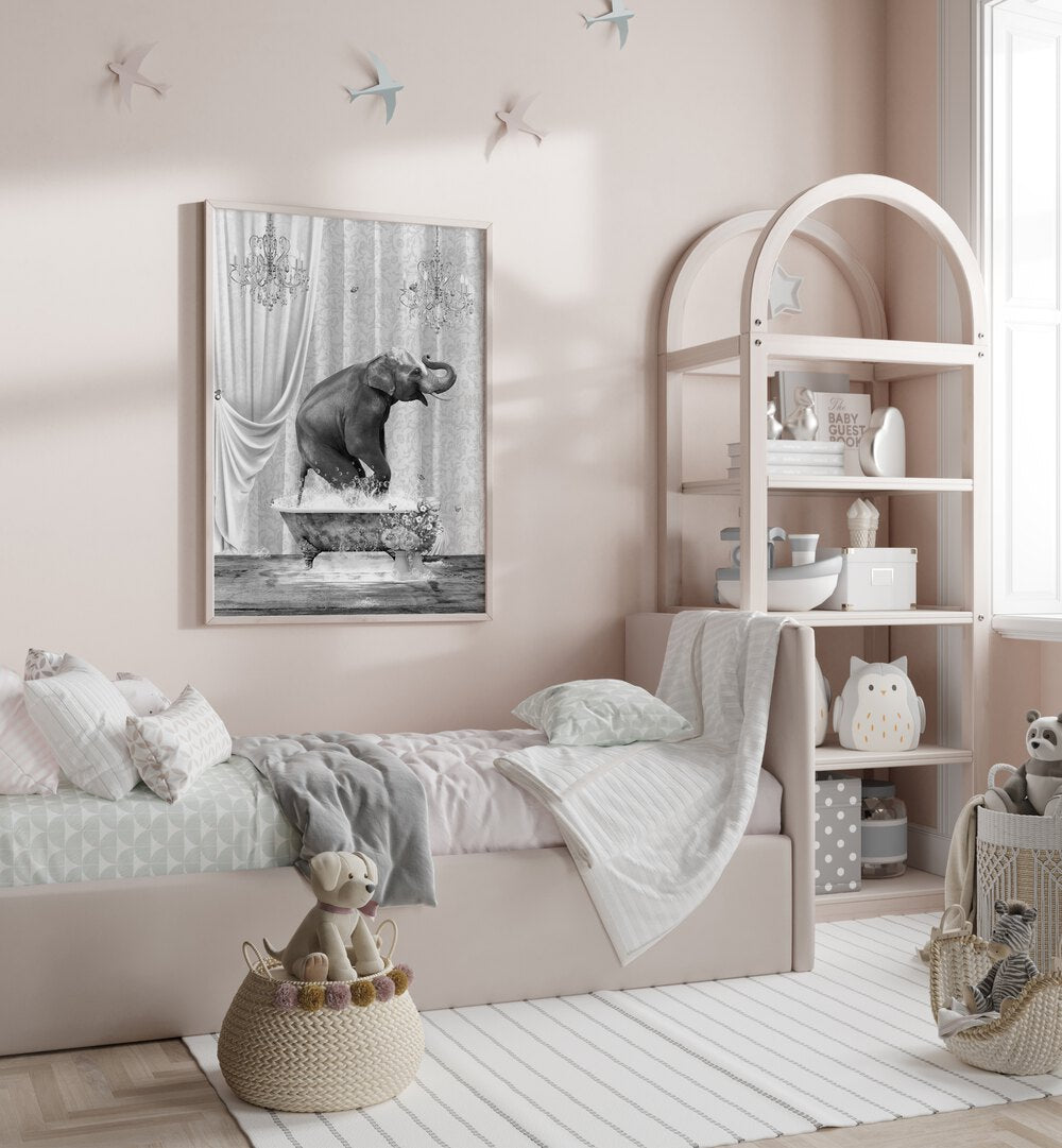 elephant a bubbles black and white by sue skellern wall art prints Artwork I placed on a wall