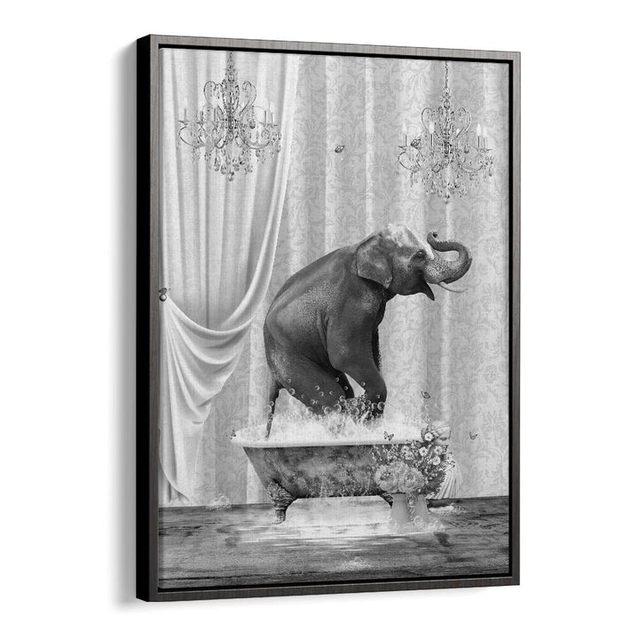 elephant a bubbles black and white by sue skellern wall art prints in Black Floater Frame