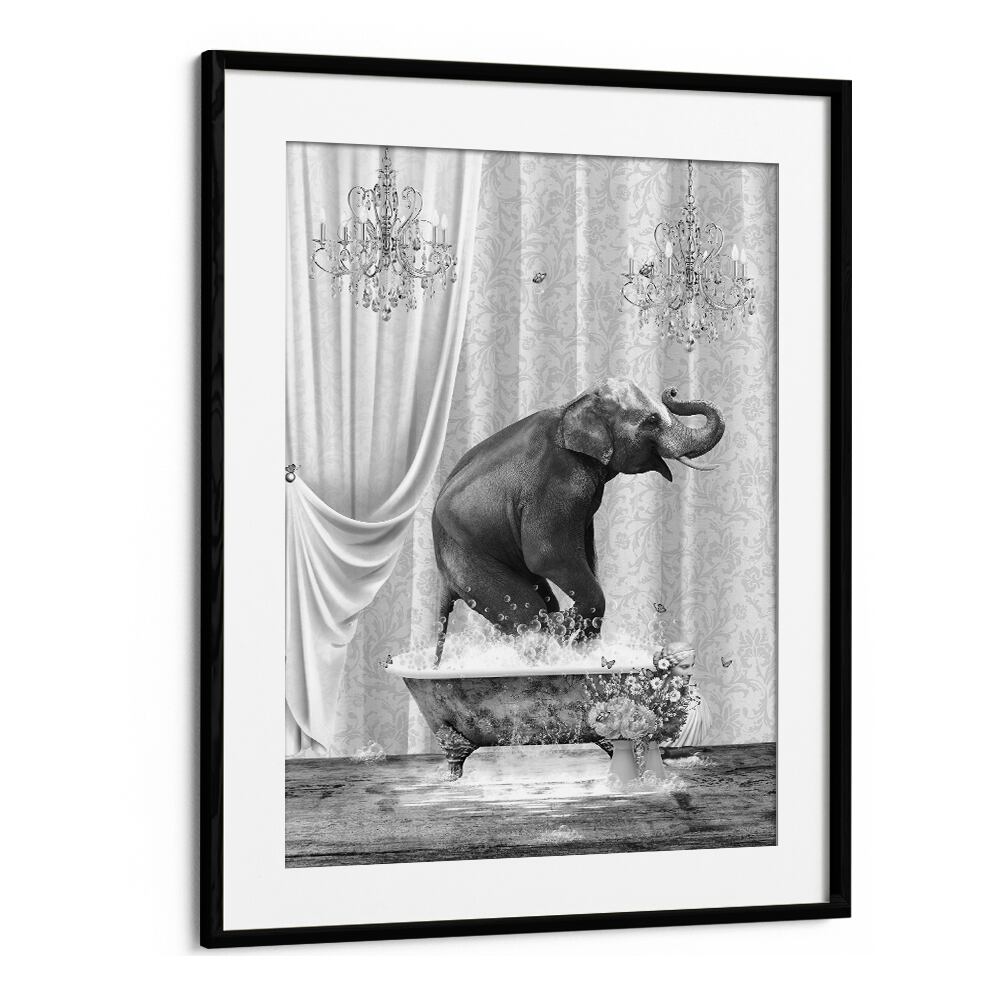 elephant a bubbles black and white by sue skellern wall art prints in Black Frame With Mount