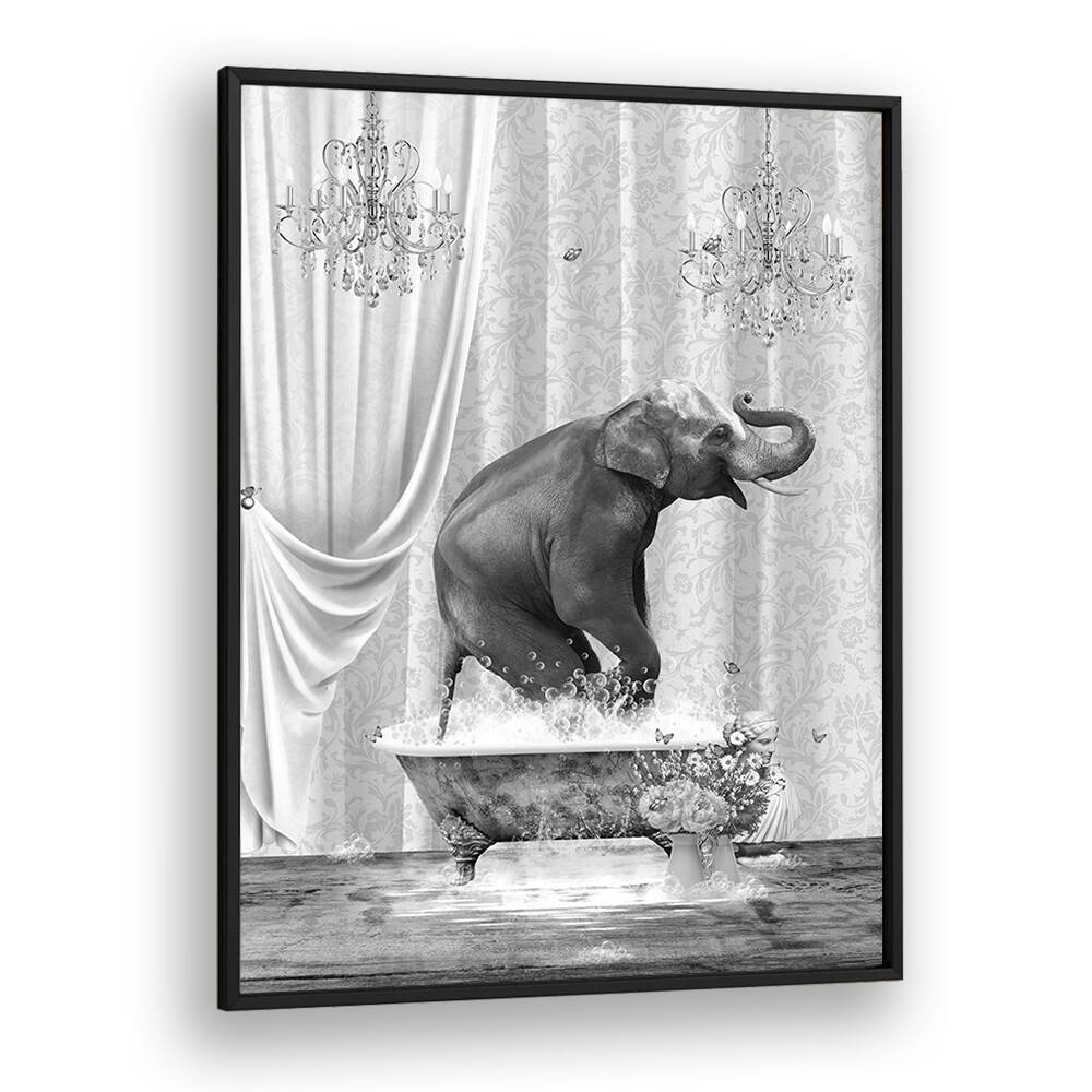 elephant a bubbles black and white by sue skellern wall art prints in Black Plain Frame