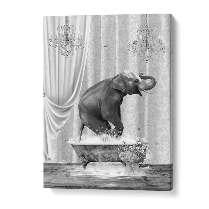 elephant a bubbles black and white by sue skellern wall art prints in Gallery Wrap