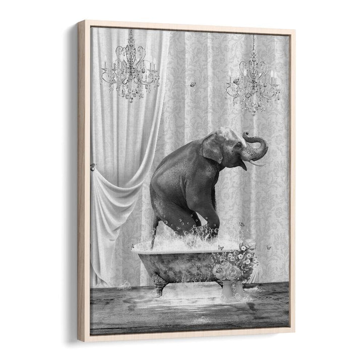 elephant a bubbles black and white by sue skellern wall art prints in Oak Wood Floater Frame